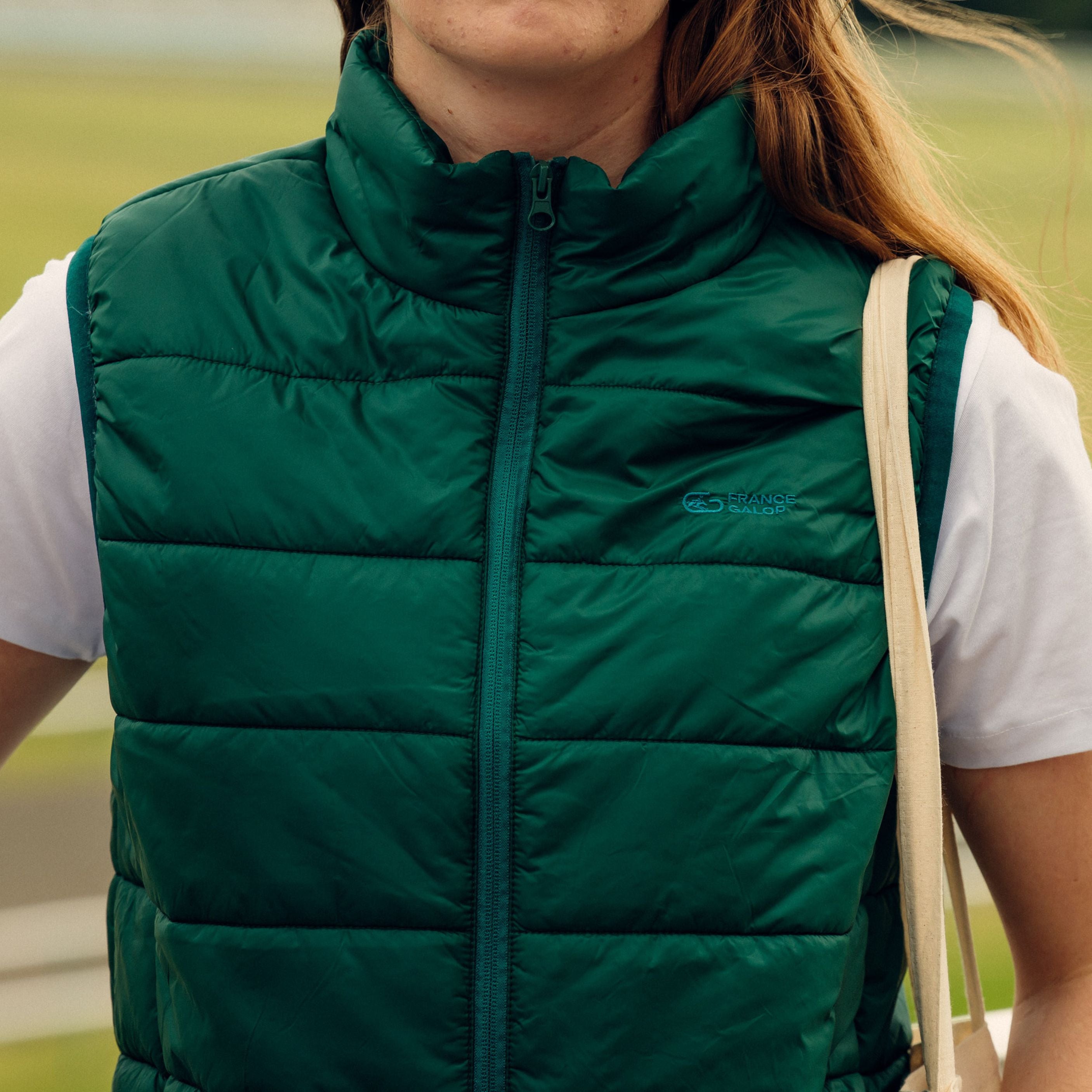 France Galop Unisex Green Sleeveless Puffer Jacket with Logo