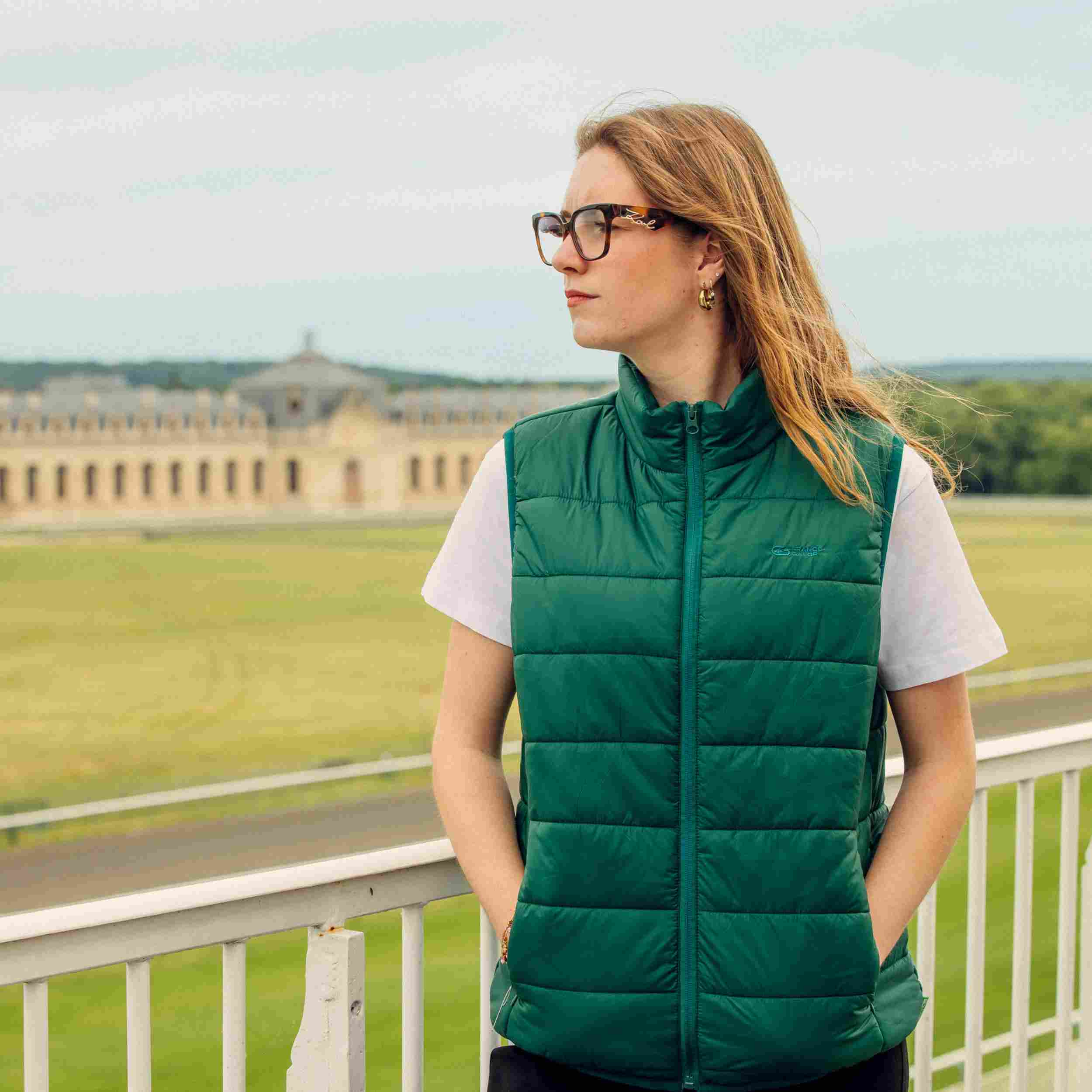 France Galop Unisex Green Sleeveless Puffer Jacket with Logo